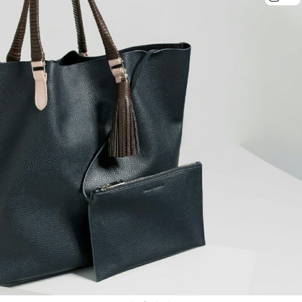 New with Tags Zara Navy Blue Tassle Tote Bag with Pouch Neverfull Style